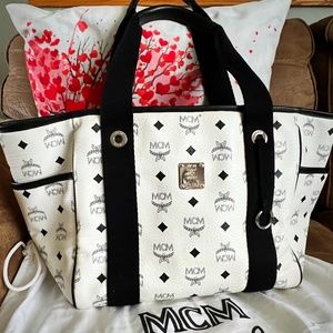 Almost New, Pre-Loved MCM Visetos Leather Tote Bag in White